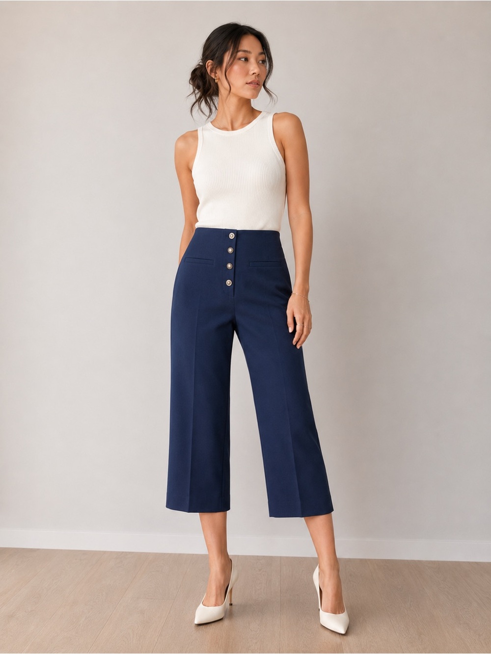 Ann Taylor Navy Button-Front Cropped Wide-Leg Pants